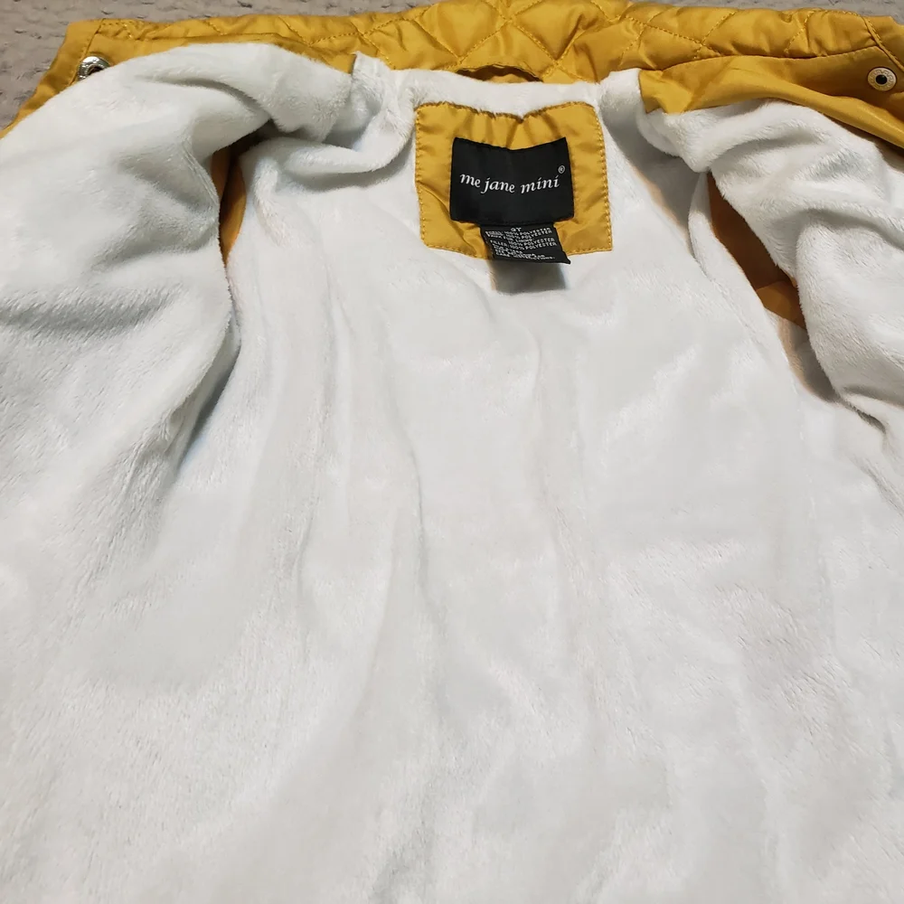 Me Jane Mini Mustard Yellow Quilted Puffer Jacket Faux Fur Lined 3T
